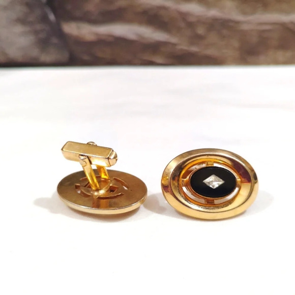Vintage Anson Cufflinks Onyx Glass Faux Diamond Accent Oval Signed - Picture 2 of 10